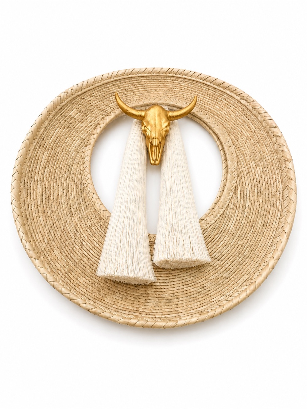 Round Woven Wall Basket with Gold Bull Skull and Cream Tassels